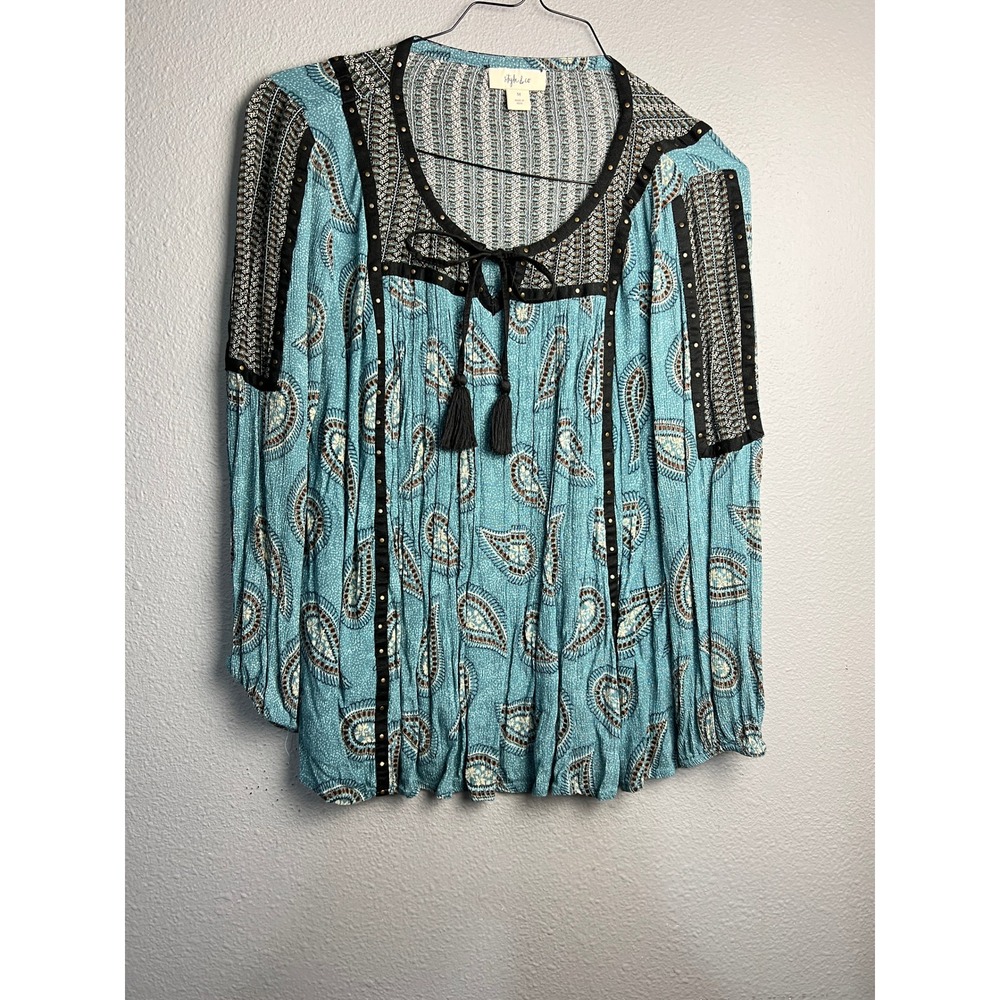Style & Co Teal Paisley Boho Peasant Blouse Tassels‎ Studded Top Womens Medium